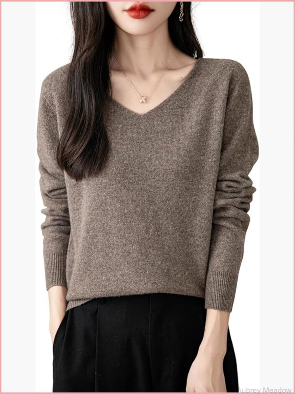 100% Merino Wool V Neck Sweater Long Sleeve Seamless Knit Pullover